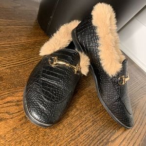 Black fur loafers
